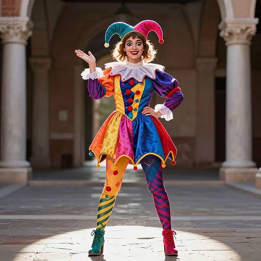 Photograph of a vibrant, female clown with colorful jester costume, multicolored leggings, and jester hat, posing under an archway with