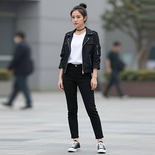 Photograph of an Asian woman with a bun, wearing a black jacket, white tee, black pants, and white sneakers, standing in a city street