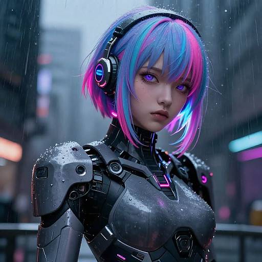 Digital CGI of a futuristic cyberpunk woman with neon pink and blue hair, wearing a wet, armored suit, in a rainy city street at night.