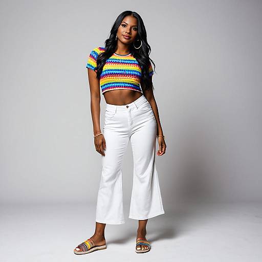 Young Woman in Colorful Cropped Top and White Pants