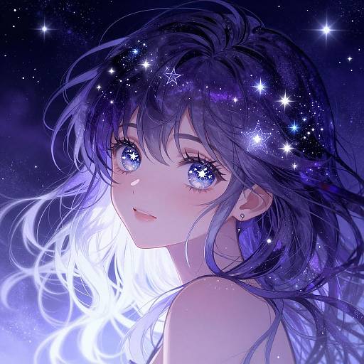 Digital anime illustration of a young girl with glowing blue eyes, star-filled dark purple hair, and luminous white hair, set against a cosmic night sky