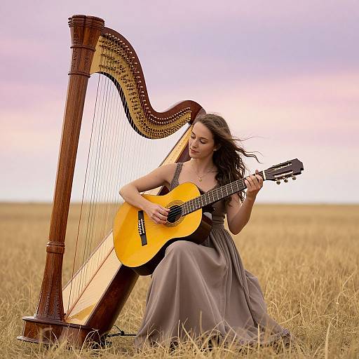 Photograph of a brunette woman in a flowing gray dress, playing a wooden harp in a golden grass field at sunset.