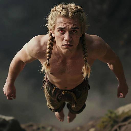 Photograph of a muscular, shirtless man with braided blonde hair and intense red eyes, mid-jump, wearing rugged pants, against a dark
