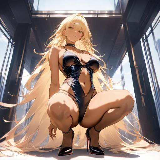Blonde Woman in Metallic Swimsuit Squatting