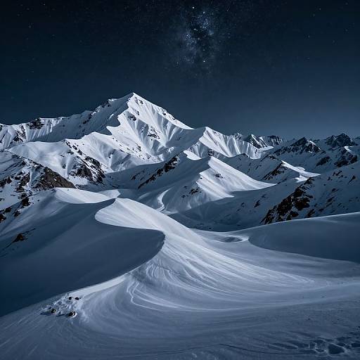 Photograph of a snow-covered mountain range under a starry night sky, with illuminated peaks and swirling snow patterns in the foreground.