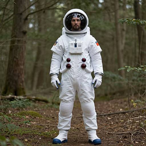 Photograph of a bearded man in a white astronaut suit with a clear helmet, standing on a forest path surrounded by trees.