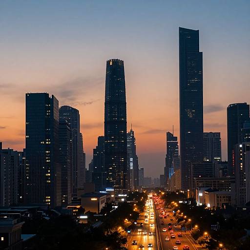 Photograph of a city skyline at dusk, featuring tall, dark skyscrapers against a colorful orange and blue sunset sky, with illuminated streets and traffic