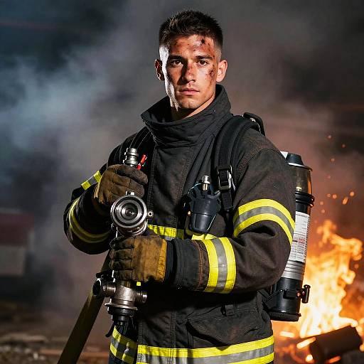Heroic Male Firefighter with Fire Hose