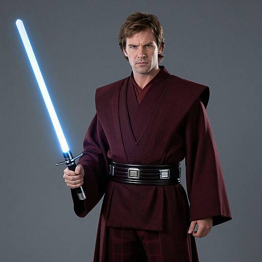 Photograph of a white man with brown hair, wearing a dark brown Jedi robe and black belt, holding a glowing blue lightsaber against a gray background