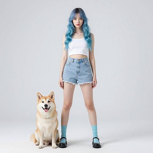 Photograph of a young woman with long blue hair, white crop top, light blue denim shorts, light blue socks, and black shoes, standing next
