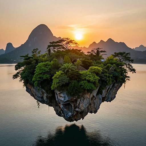 Photograph of a small, lush, tree-covered floating island at sunset, with a golden sun behind rugged mountains and calm water.