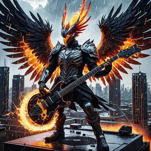 Cybernetic Phoenix Rocking Molten Guitar on Futuristic Rooftop