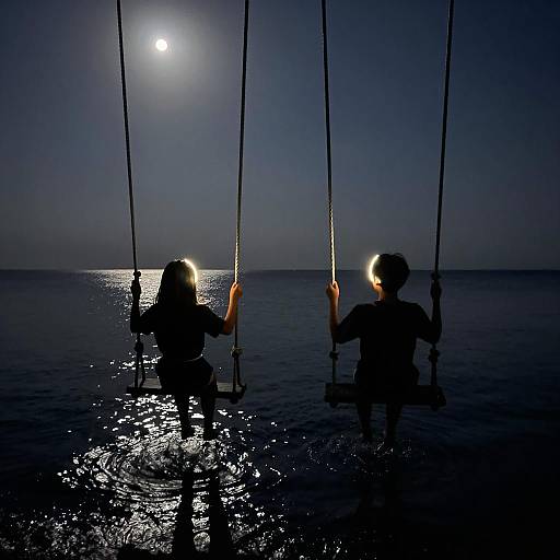 Moonlit Swing Over Ocean at Night