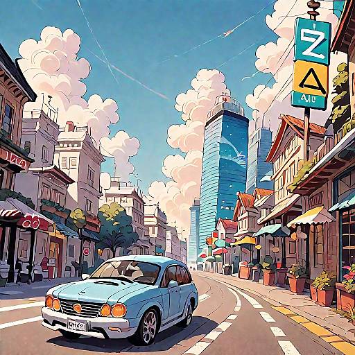 Anime Cityscape with Road and Car