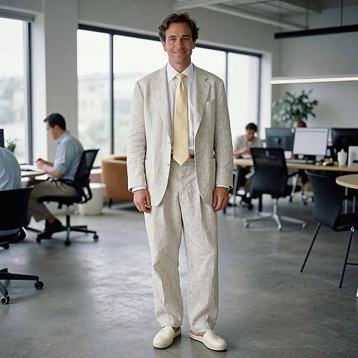 Confident Man in Linen Suit at Co-Working Space