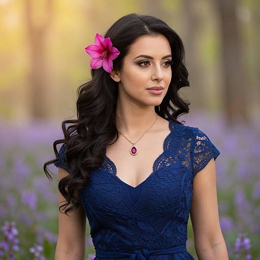Photograph of a woman with long, wavy black hair, wearing a navy lace dress, and a pink hibiscus flower in her hair