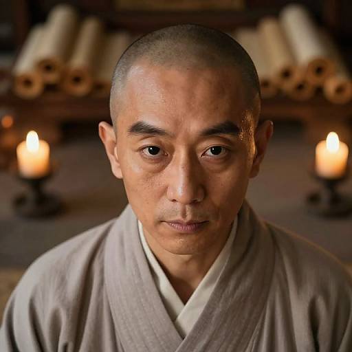 Photograph of a bald, middle-aged Asian man with a calm expression, wearing a gray Buddhist robe, in a dimly lit room with candles and