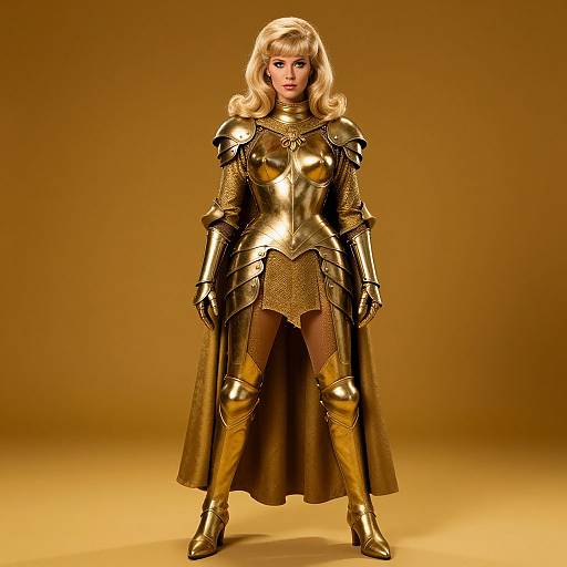 Photograph of a blonde doll in gold medieval armor, standing against a brown background, with a long, ornate, gold cape.
