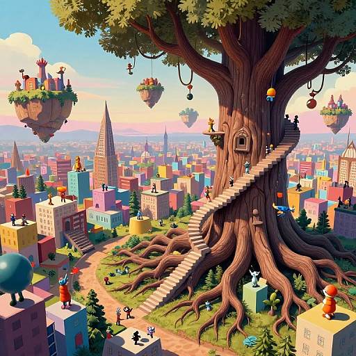 Vibrant digital artwork of a whimsical city beneath a giant tree with floating platforms, colorful buildings, and tiny figures exploring.