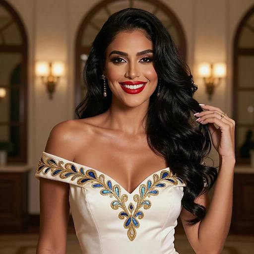 Elegant Woman in Satin Embroidered Dress