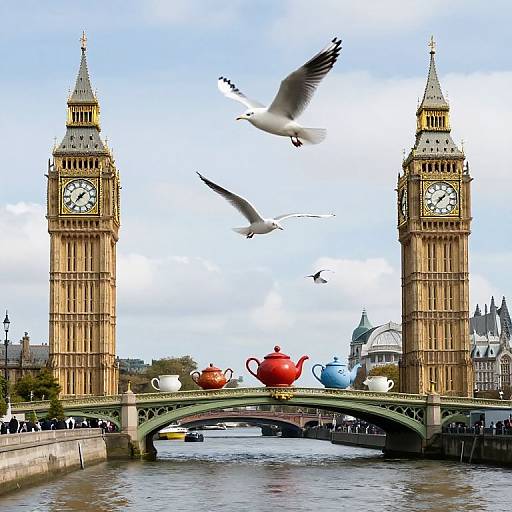 Photograph of London's Big Ben clock towers with a green bridge adorned with oversized red, blue, and white teapots, seagulls flying