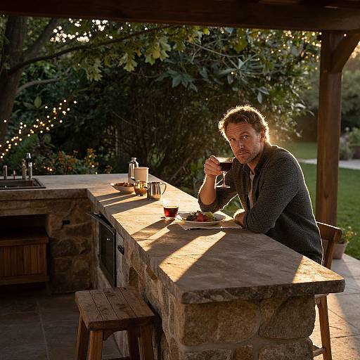 Photograph of a curly-haired man in a dark sweater sipping wine at a sunlit, rustic outdoor stone table, surrounded by twinkling lights and