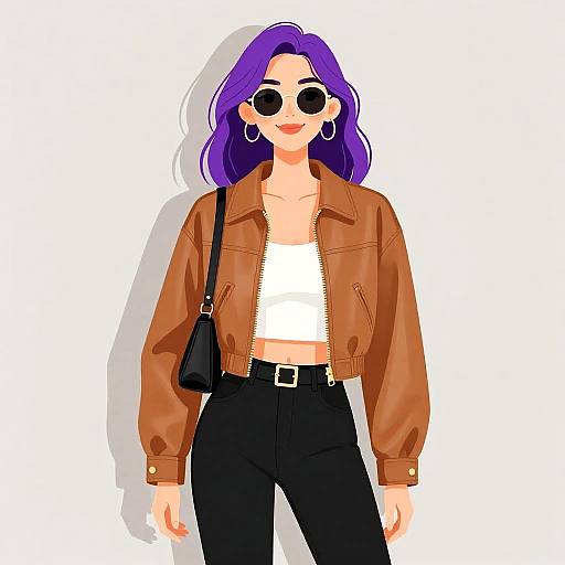Digital illustration of a stylish woman with purple hair, wearing round sunglasses, brown leather jacket, white crop top, black pants, and black bag, against