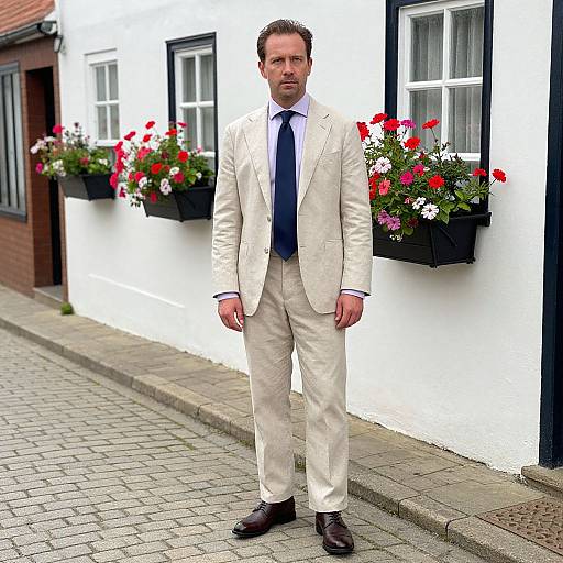 Photograph of a tall, handsome man in a cream suit, blue tie, and brown shoes, standing on a cobblestone street in front of