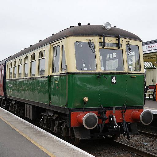 Vintage green and cream train car with large front windows and number 