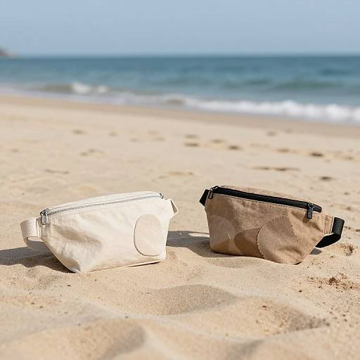 Photograph of two beach bags on sandy shoreline; one white with zipper, one brown with black zipper, ocean and sky in background.