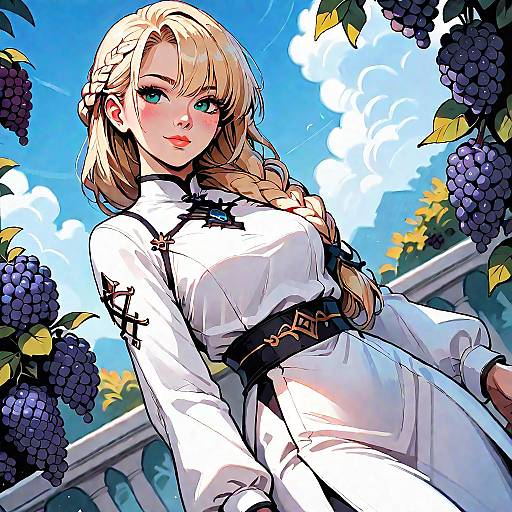 Digital anime-style illustration of a blonde woman with blue eyes, wearing a white long-sleeve dress with black accents, standing amid grapevines under