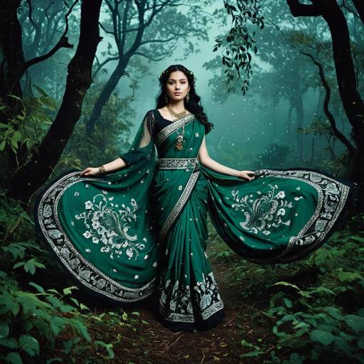 Woman in Emerald Green Sari in Misty Forest