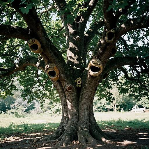 Photograph of a large tree with dark, textured bark and five circular, hollow, wooden birdhouses evenly spaced along its trunk, set in a sun