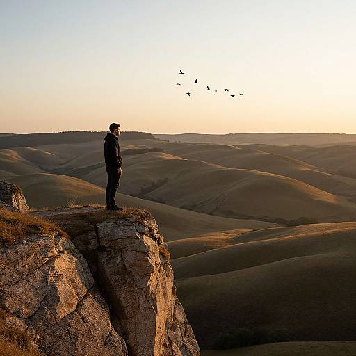 Solitary Man Overlooking Bird-Filled Landscape