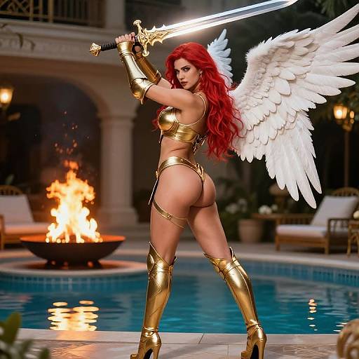 Digital art of a red-haired, winged warrior woman in gold armor and boots, holding a glowing sword, standing by a poolside fire pit at