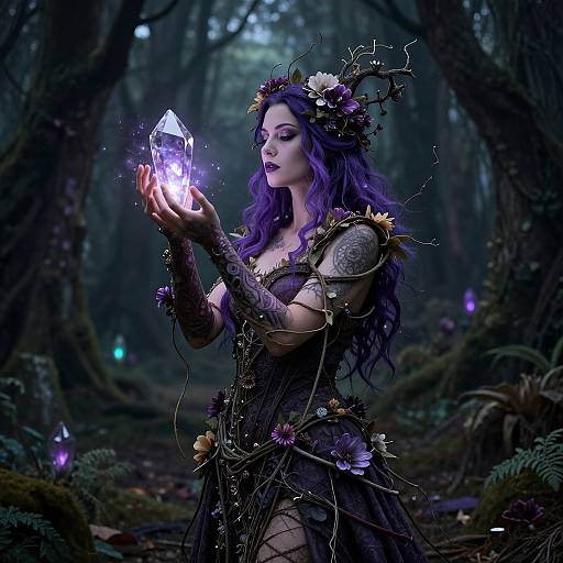 Fantasy photograph of a purple-haired woman with tattoos, wearing a dark, floral crown and vine dress, holding a glowing crystal in a mystical, dark