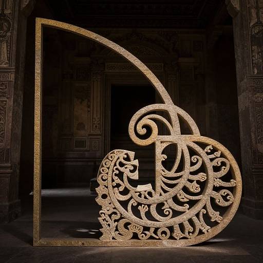 Photograph of an ornate, golden, swirling metal frame with intricate patterns, set against dark, intricately carved wooden doors in a dimly lit