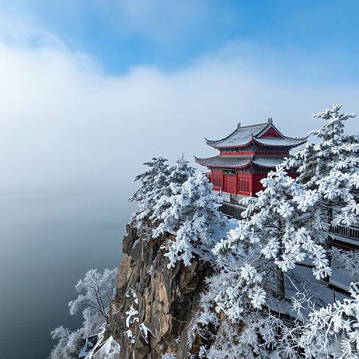 Red Chinese Building Overlooking Snowy Lake