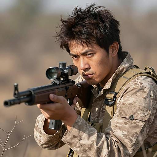 Man in Camouflage Holding Scoped Rifle