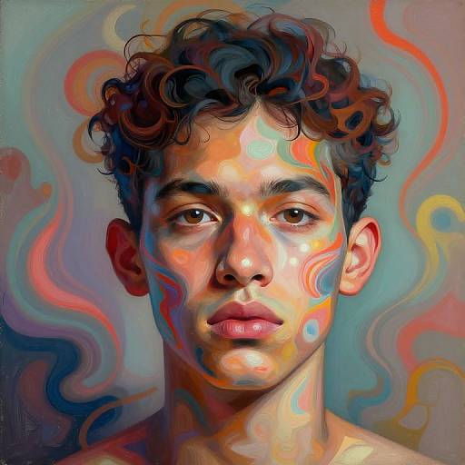 Surreal Gomez Face with Vibrant Abstracts