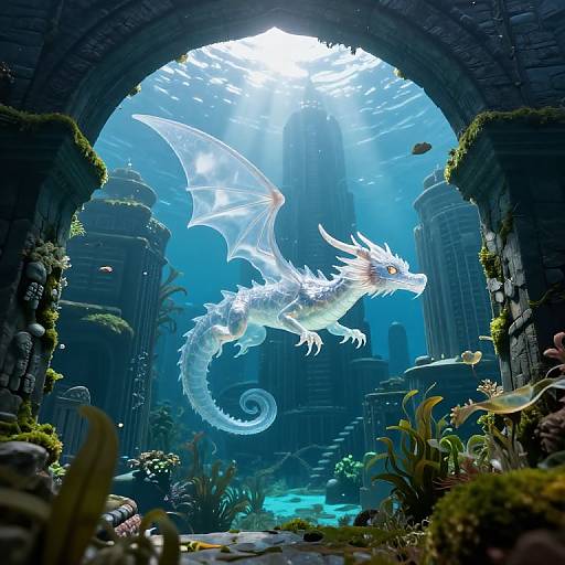 Digital fantasy artwork of a glowing white dragon with translucent wings flying through an underwater, sunlit, ancient stone ruin, surrounded by vibrant aquatic plants and small