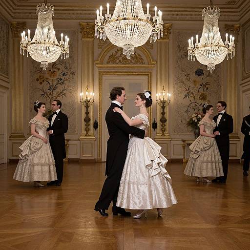 Photograph of a formal ballroom wedding dance: bride in white satin gown, groom in black tuxedo, surrounded by four couples in similar attire