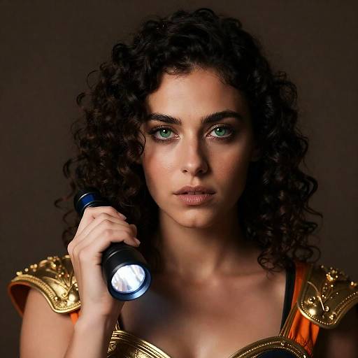 Woman with Curly Hair Holding Flashlight