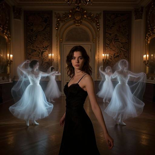Photograph of a dark-haired woman in a black dress, standing in an ornate, dimly-lit ballroom, surrounded by ethereal,