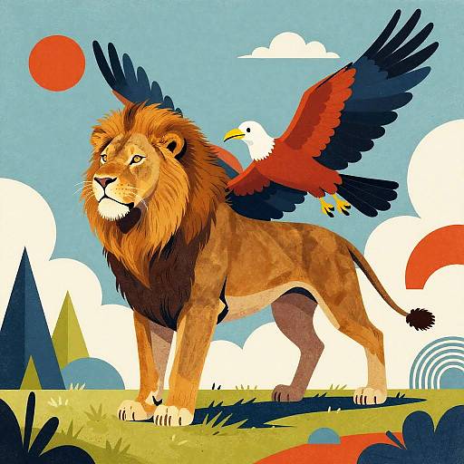 Stylized digital illustration of a majestic lion with a red and black winged bird perched on its back, set against a bright blue sky with