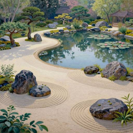 Digital painting of a serene Japanese garden with a curved sand raked path, tranquil pond, lily pads, rocks, and lush greenery.