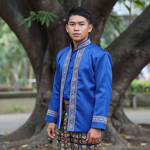 Young Asian man in vibrant blue traditional shirt with intricate white embroidery, standing under large tree in lush green park.