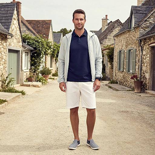 Photograph of a smiling, bearded man in a black polo, white jacket, white shorts, and blue sneakers, standing on a sunlit,
