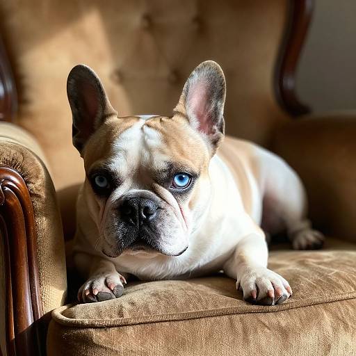 Photograph of a blue-eyed, tan and white French Bulldog lying on a brown, tufted armchair, bathed in sunlight.