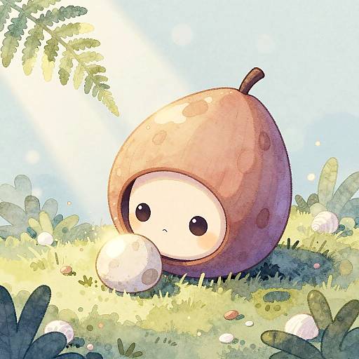 Whimsical Alien in Acorn Cap with Glowing Pebble